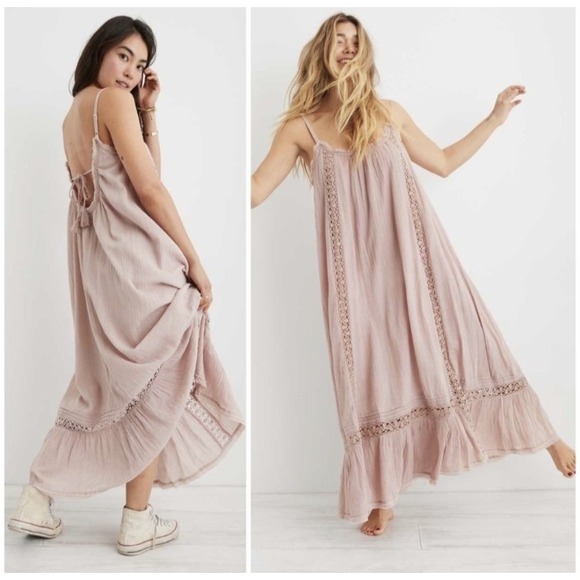 aerie Dresses & Skirts - Aerie Maxi Dress Medium Crochet Boho Tiered Tie Back Mauve Comfort Classic